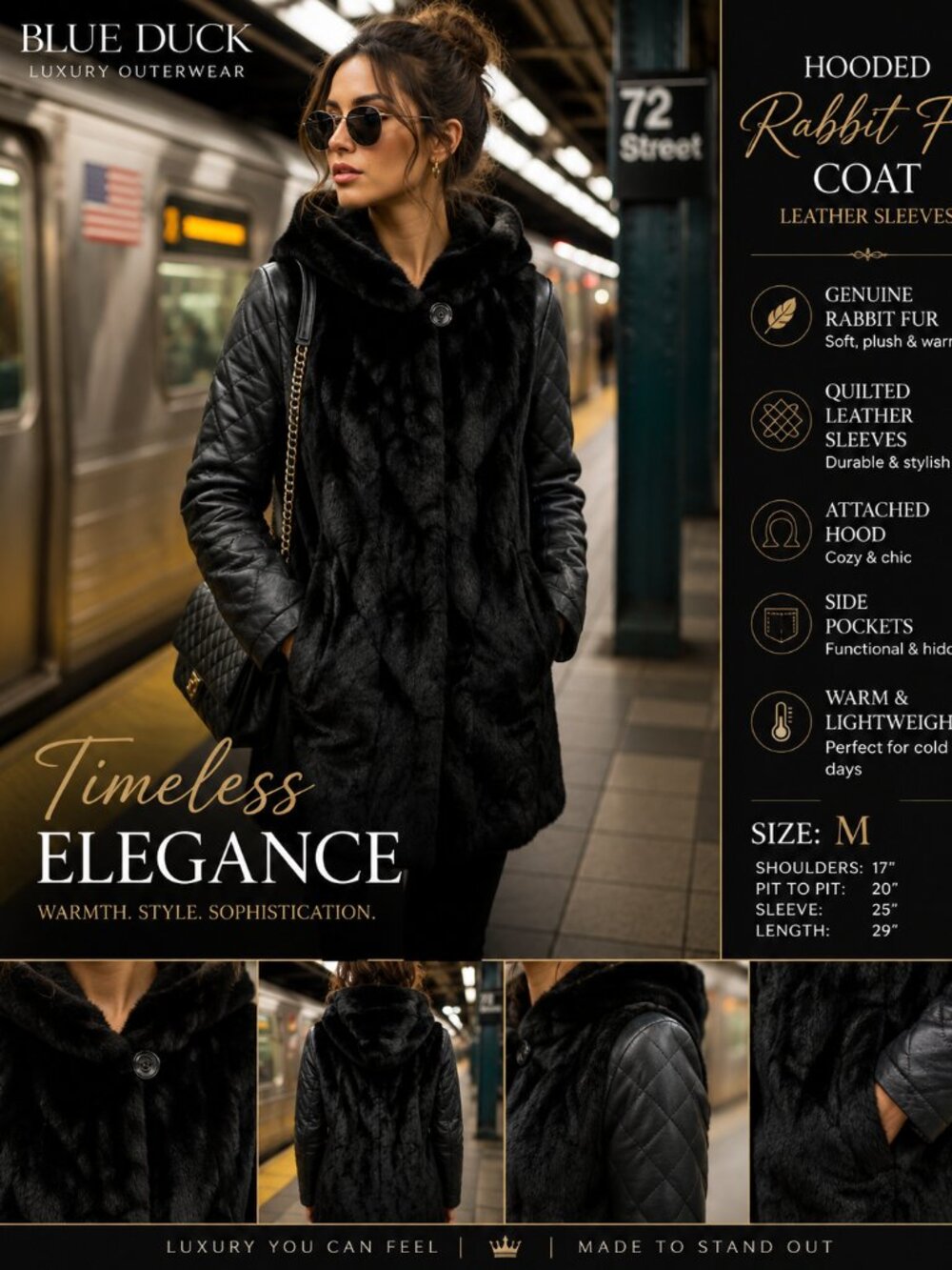 Blue Duck Hooded Rabbit Fur Coat Leather Sleeves Black Women's Size M Luxury
